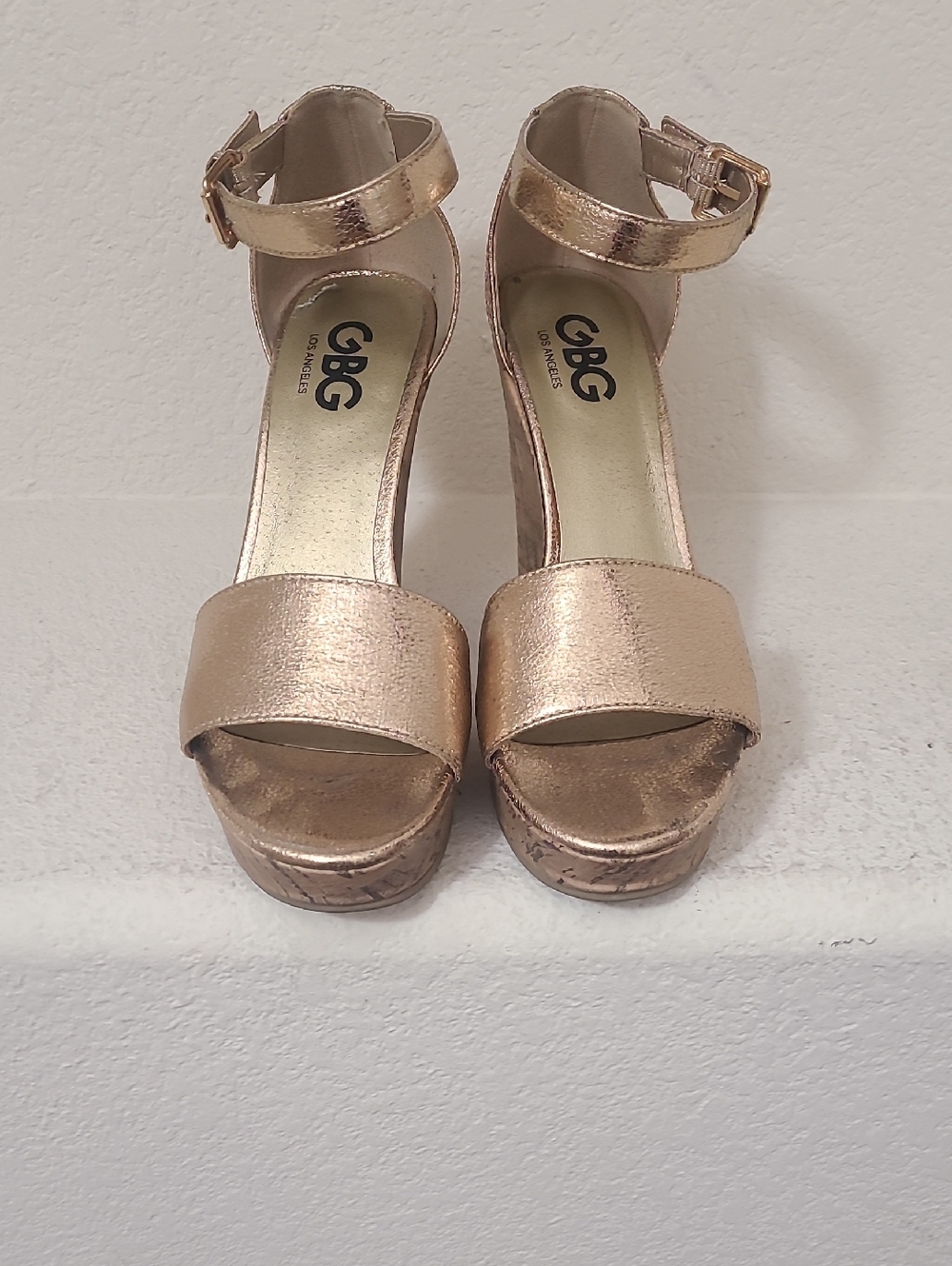 G by Guess Metallic Rose Gold Platform Sandals with Ankle Strap